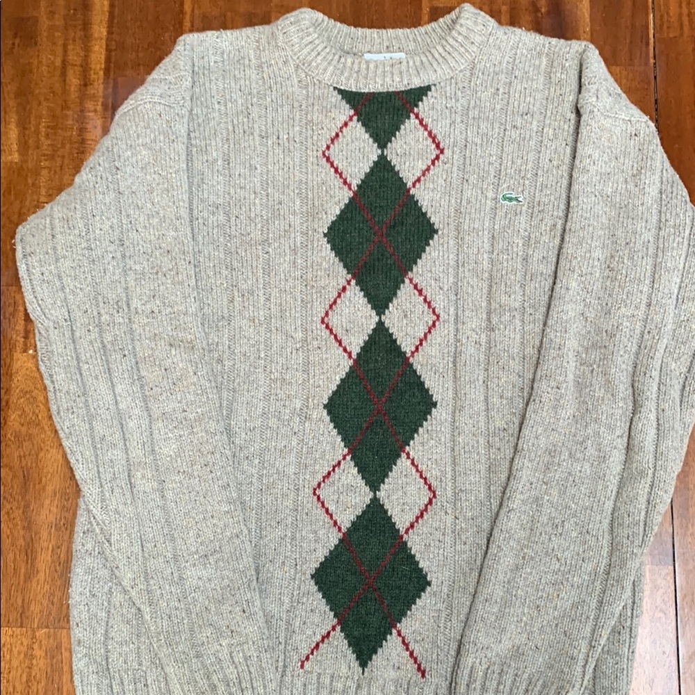 Lacoste Men's Beige Sweater with Green and Red Argyle Pattern